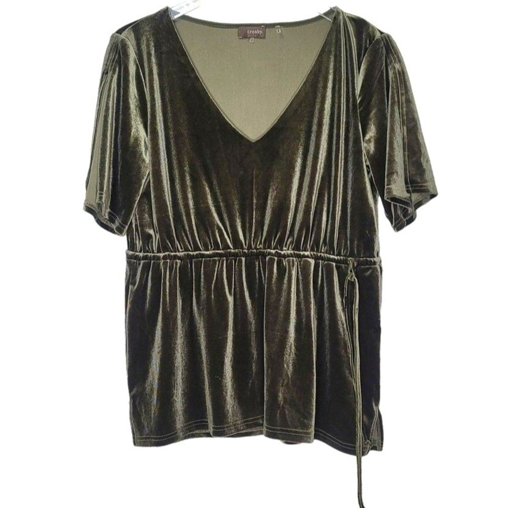 Crosby Green Boho Velour Top V-neck Drawstring Whimsigoth Preppy Short Sleeve M